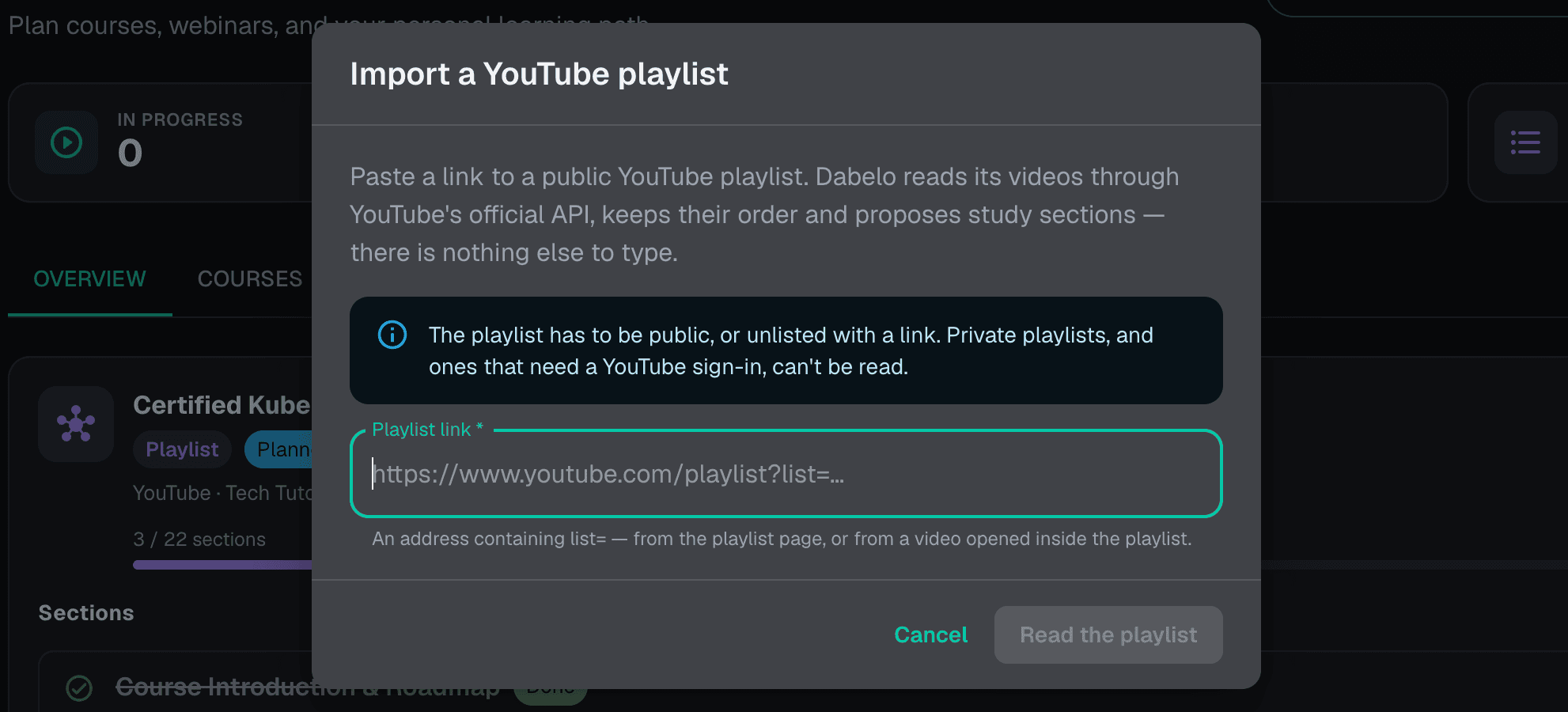 Okno importu playlisty z YouTube