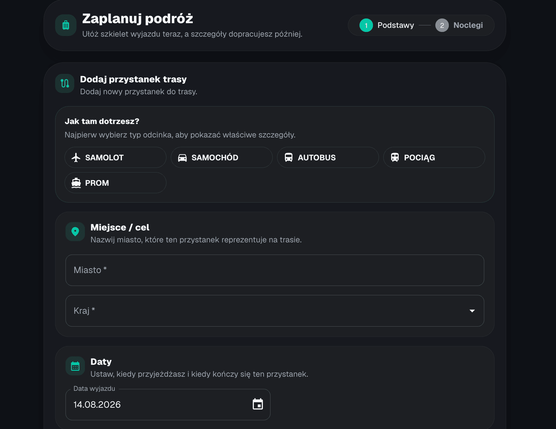 Sekcja „Trasa" z przyciskiem „Dodaj punkt startowy" i wyborem transportu