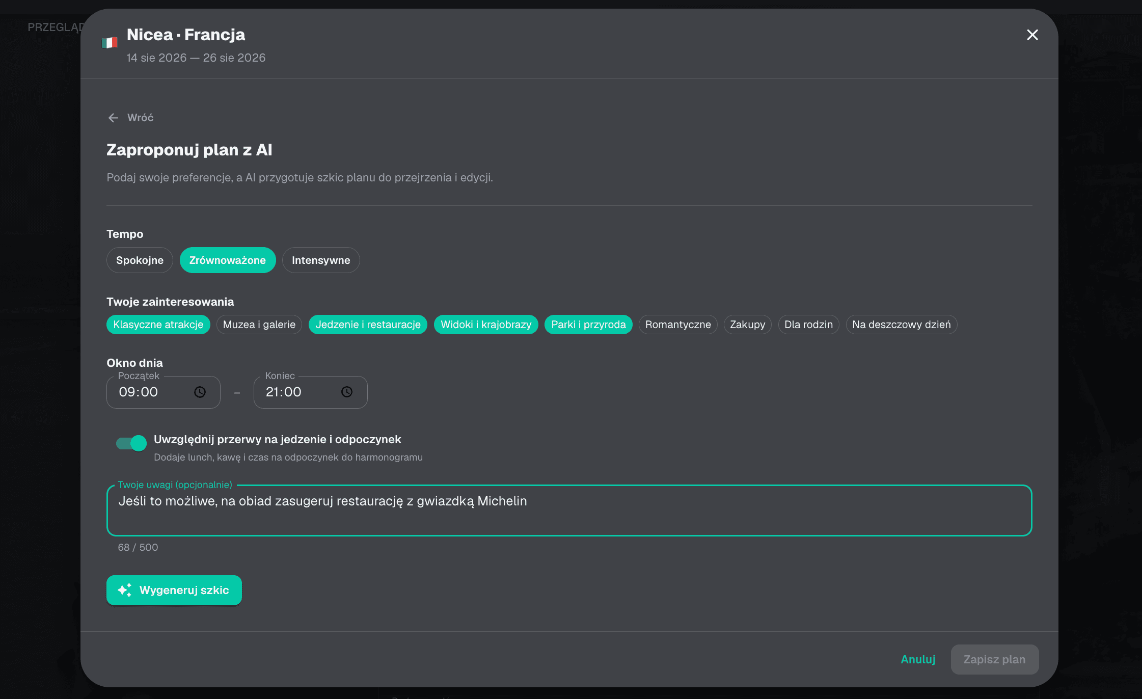 Formularz AI z wyborem tempa, zainteresowań i okna dnia