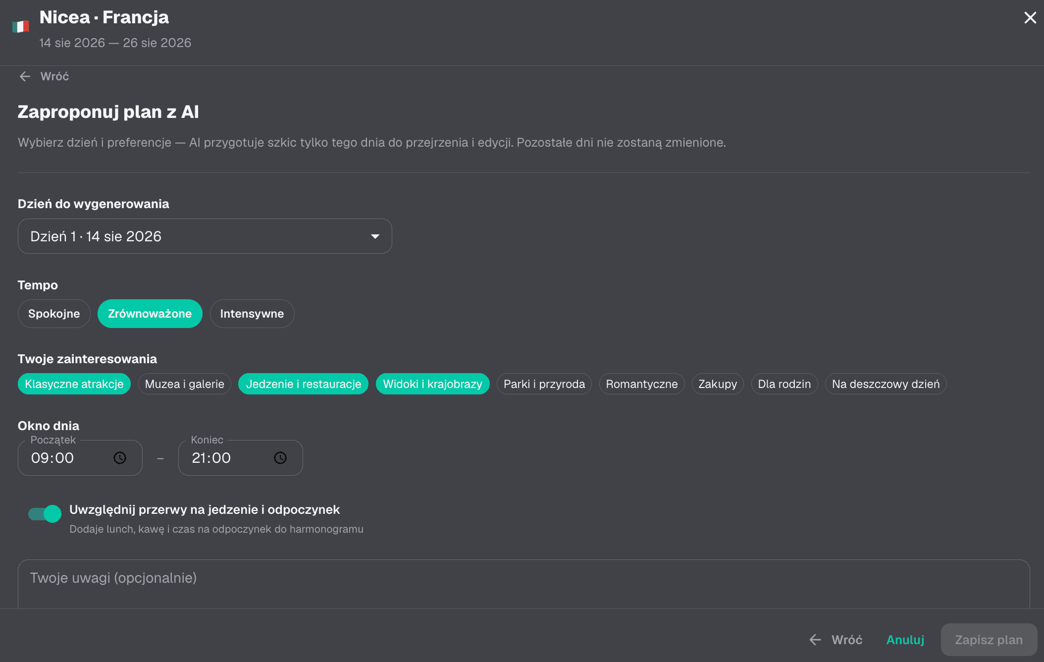 Formularz AI z wyborem dnia, tempa, zainteresowań i okna dnia