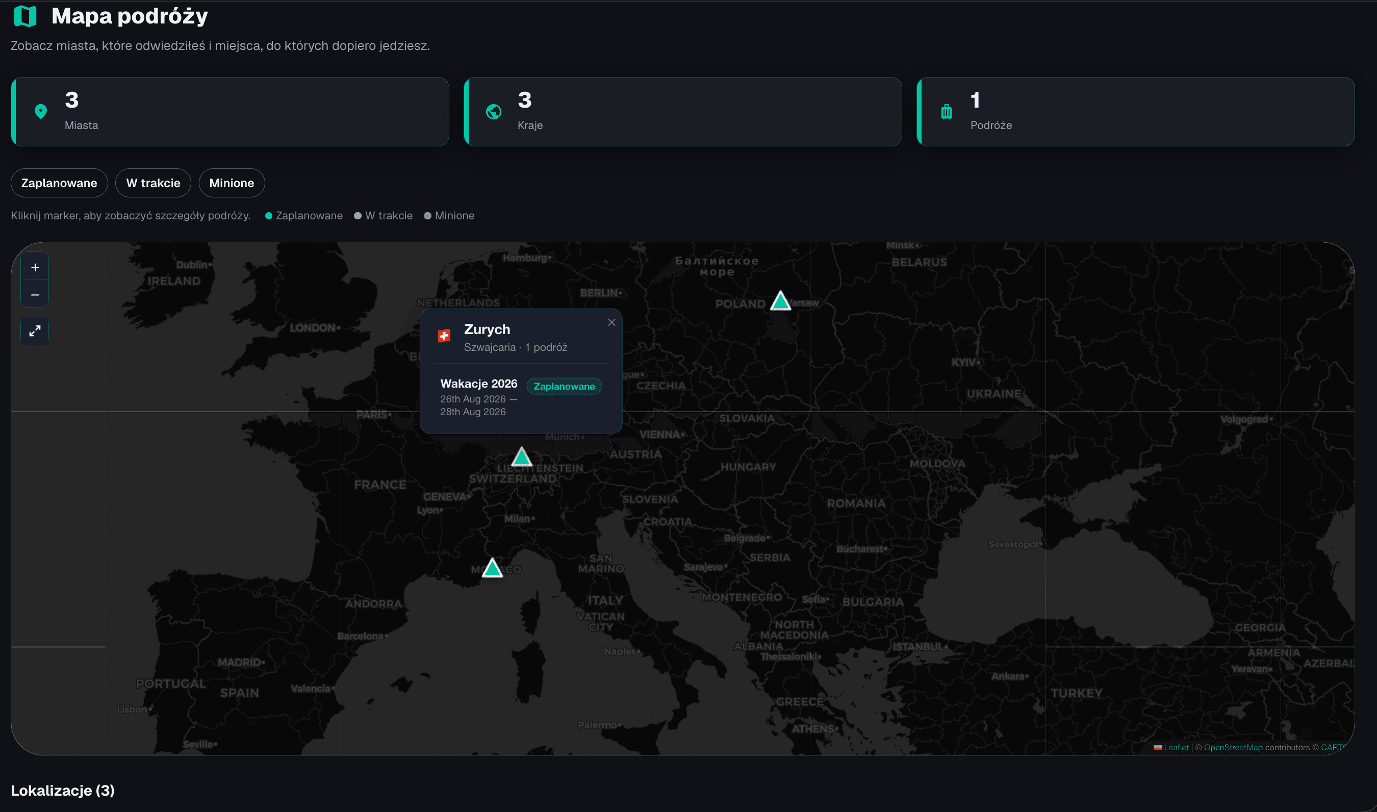 Mapa podróży ze znacznikami miast, statystykami i filtrem statusu